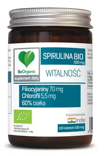 Beorganic Spirulina Platensis BIO 500 mg Fikocyjaniny Chlorofil 60% Białka (100 tab) BeOrganic brg-034 - Zdrowa żywność - miniaturka - grafika 1