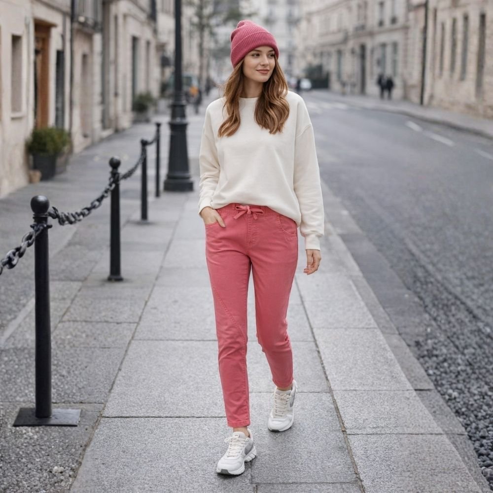 Spodnie damskie różowe slim z przeszyciami casual S