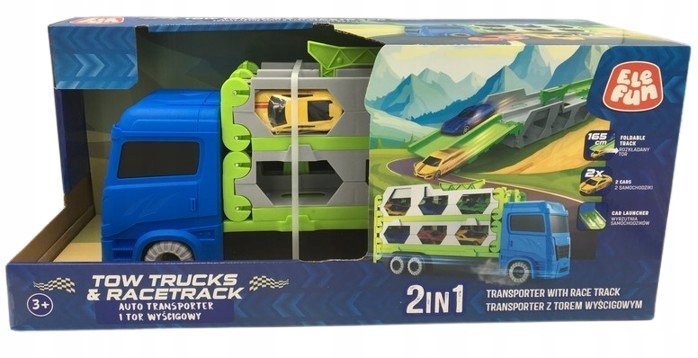 Elefun 2w1 Auto transporter i tor wyścigowy wyrzutnia + 2 autka 165cm