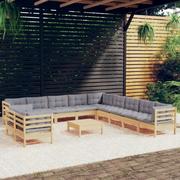 Meble ogrodowe - vidaXL 12-cz. zestaw wypoczynkowy do ogrodu, szare poduszki, sosnowy - miniaturka - grafika 1