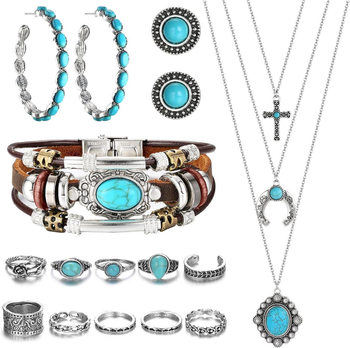 Milacolato Biżuteria zachodnia dla kobiet naszyjnik turkusowy wisiorek western drop kolczyki turkusowe sztuczne skórzane paski warstwowe Boho Knuckl..