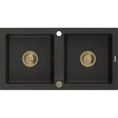Zlewozmywaki - Mexen Mario zlewozmywak granitowy 2-komorowy 820 x 436 mm, czarny/złoty metalik, syfon złoty - miniaturka - grafika 1