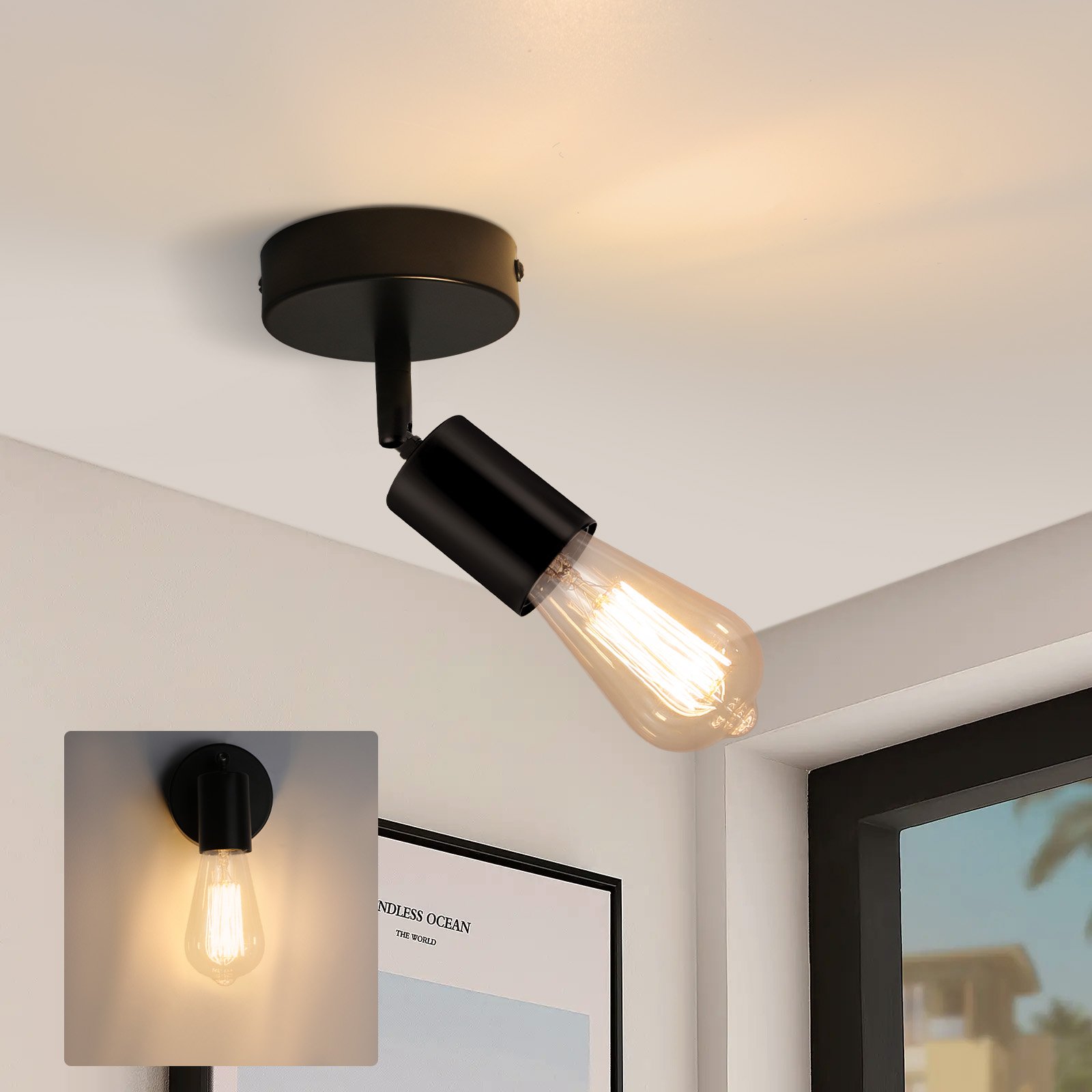 ZMH reflektor sufitowy 1 płomień czarny E27 lampa sufitowa vintage reflektor ścienny obrotowy reflektor do kuchni korytarz salon sypialnia