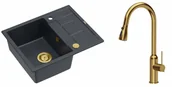 Zlewozmywaki z baterią - Quadron Unique Zlewozmywak granitowy jednokomorowy 62*50*22 cm z ociekaczem MORGAN 116 BLACK DIAMOND z syfonem Push-2-Open w kolorze złotym z baterią JESSICA Q LINE z wyciąganą wylewką i funkcją prysznica kolor złoty - miniaturka - grafika 1