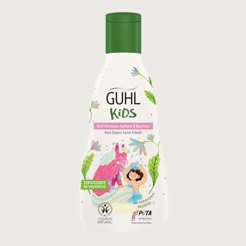 Guhl Kids 3 w 1 szampon, płyn do płukania i żel pod prysznic – pojemność: 250 ml – specjalnie zaprojektowany dla dzieci – nie ciągnie – design przyjazny dla dzieci – certyfikat Cosmos Natural