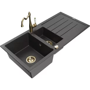 Mexen Andres zlewozmywak granitowy 1,5-komorowy z ociekaczem i baterią kuchenną Carla, czarny nakrapiany - Zlewozmywaki z baterią - miniaturka - grafika 1