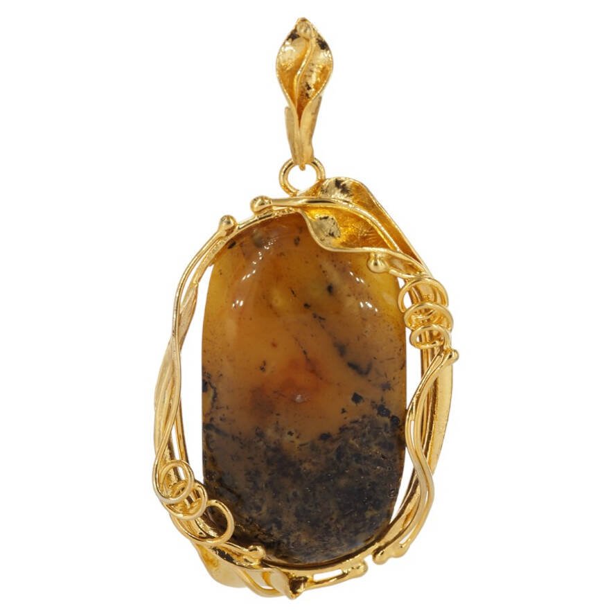 Zawieszka z liściem - Bursztyn w srebrze złoconym