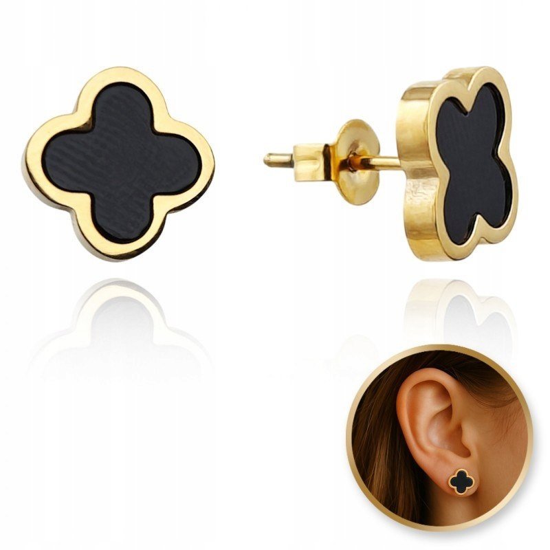 Kolczyki ze stali szlachetnej platerowane 14k złotem, sztyft, Koniczynka cz