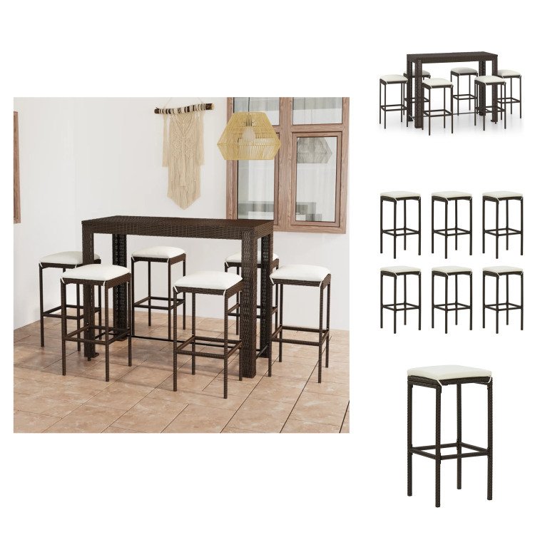 vidaXL 7-częściowy ogrodowy zestaw barowy z poduszkami z polirattanu brązowy - Zestawy mebli ogrodowych