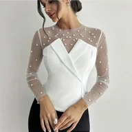 Koszule damskie - TEMU Modna Damska Koszula z Perłami, Okrągły Dekolt, Długi Rękaw, Zamek z Tyłu, Jednokolorowa, Elegancka - miniaturka - grafika 1