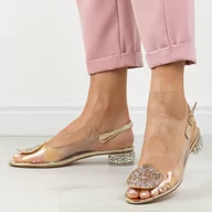 Sandały damskie - Złote silikonowe sandały damskie na obcasie z kryształami, transparent - DiA - miniaturka - grafika 1