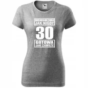 Koszulki i topy damskie - Damska Koszulka z Nadrukiem Doświadczona jak nigdy 30 gotowa jak zawsze ciemnoszary melanż S - miniaturka - grafika 1