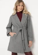Płaszcze damskie - Ciemnoszary Płaszcz o Szlafrokowym Kroju z Marszczeniem w Talii i Wiązanym Paskiem Sartissa - miniaturka - grafika 1