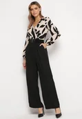 Kombinezony - Beżowo-Czarny Elegancki Kombinezon z Wzorzystą Górą Szerokimi Nogawkami i Paskiem Grepia - miniaturka - grafika 1