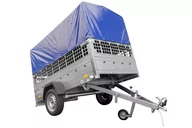 Przyczepy - UNITRAILER Przyczepa samochodowa z osią skrętną 230 x 125 Garden Trailer 230 KIPP z burtami siatkowymi i stelażem H-800 z pokrowcem niebieskim UT004477 - miniaturka - grafika 1