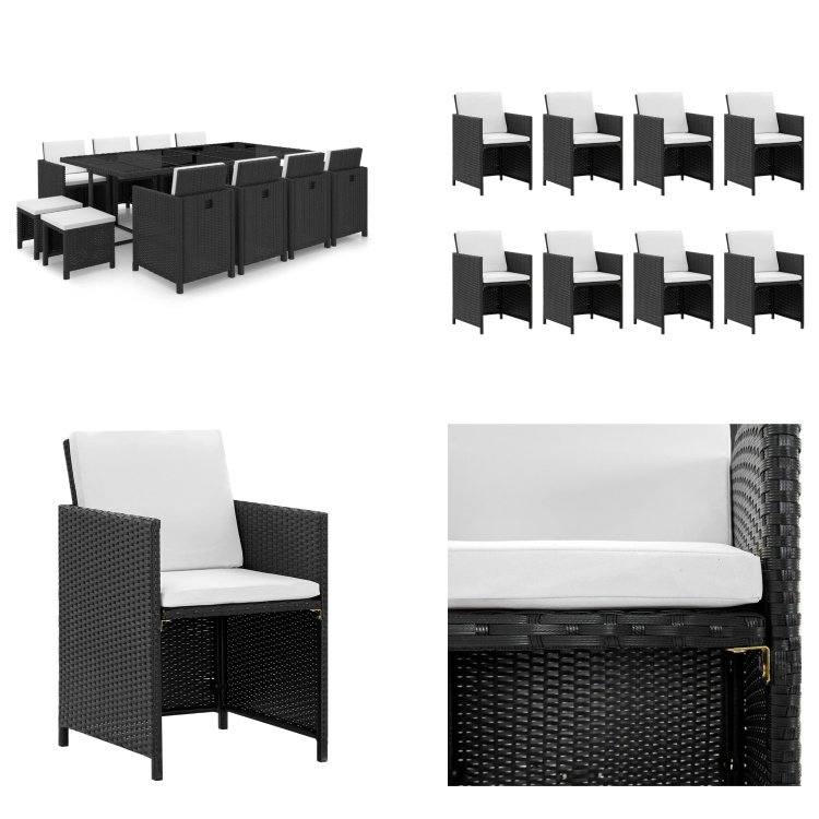 vidaXL 13-częściowy ogrodowy zestaw jadalniany z poduszkami z czarnego rattanu - Zestaw mebli ogrodowych - Zestawy mebli ogrodowych - Stół i krzesła ogrodowe - Stoły i krzesła ogrodowe