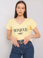 Koszulki i topy damskie - T-shirt z nadrukiem jasny żółty dekolt w kształcie V - miniaturka - grafika 1