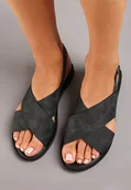 Sandały damskie - Czarne Sandały z Ekoskóry na Płaskim Obcasie ze Sprzączką Raelana - miniaturka - grafika 1