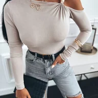 Koszule damskie - TEMU Jednokolorowa Metalowa Ozdobna Sprzączka – Bluzka z Długim Rękawem i Odkrytymi Ramionami, Idealna na Codzienne Noszenie ASD1 - miniaturka - grafika 1