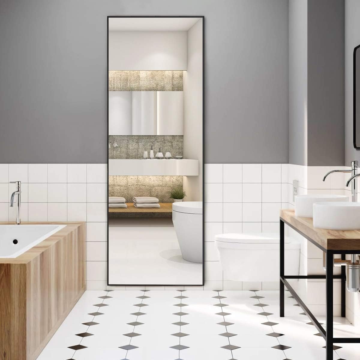 Pełnowymiarowe lustro 150x56cm, duże lustro do powieszenia lub pochylenia, lustro ubraniowe z aluminiową ramą, stojące lustro do sypialni, łazienki, salonu (czarne)