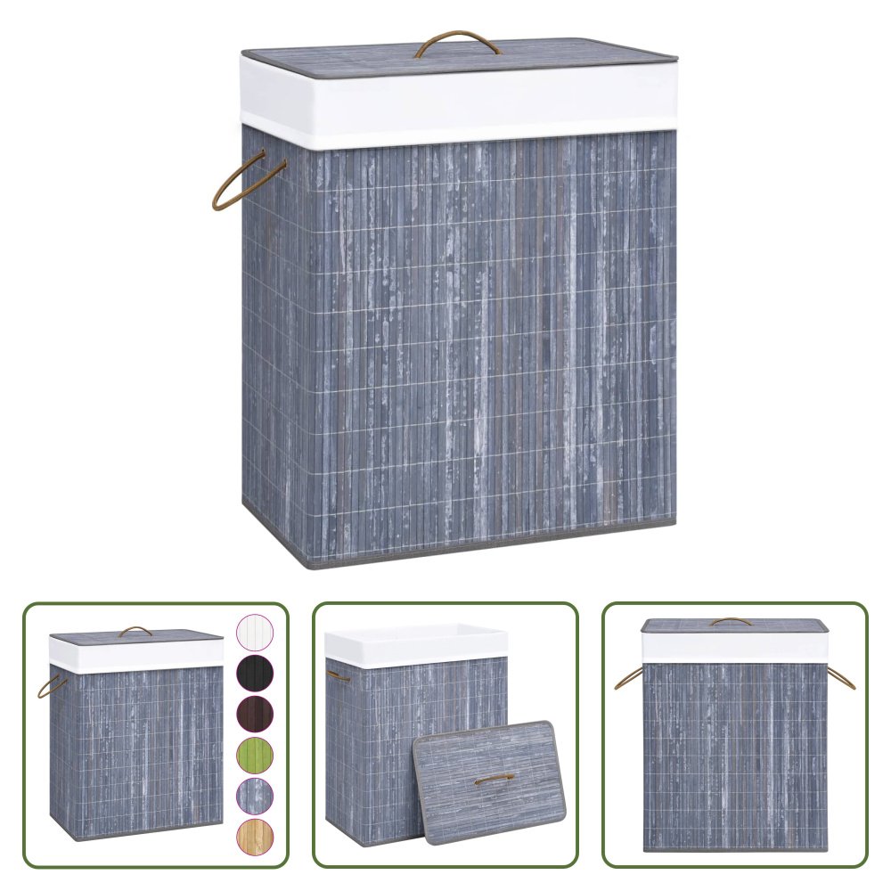 The Living Store Bambusowy kosz na pranie z 1 przegrodą Szary 83 L
