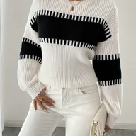 Swetry damskie - TEMU Elegancki sweter damski z długim rękawem - Beżowo-brązowe poziome paski, miękki, elastyczny pulower, na każdą porę roku, do noszenia na co dzień - miniaturka - grafika 1