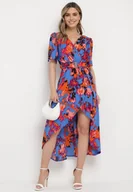 Sukienki - Niebiesko-Pomarańczowa Sukienka z Kopertowym Dekoltem i Asymetrycznym Dołem z Gumką w Talii Coralen - miniaturka - grafika 1