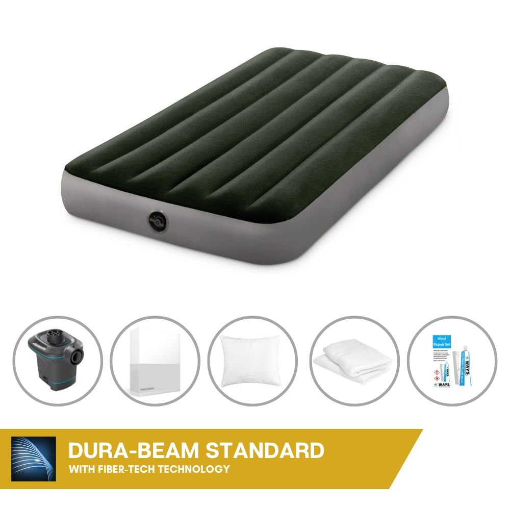 Łóżko dmuchane Intex - 1 osoba - 99 x 191 x 25 cm - zielone + pompka elektryczna Intex - 650 litrów/min + prześcieradło białe + poduszka + poszewki Molton 2 w 1 + zestaw naprawczy
