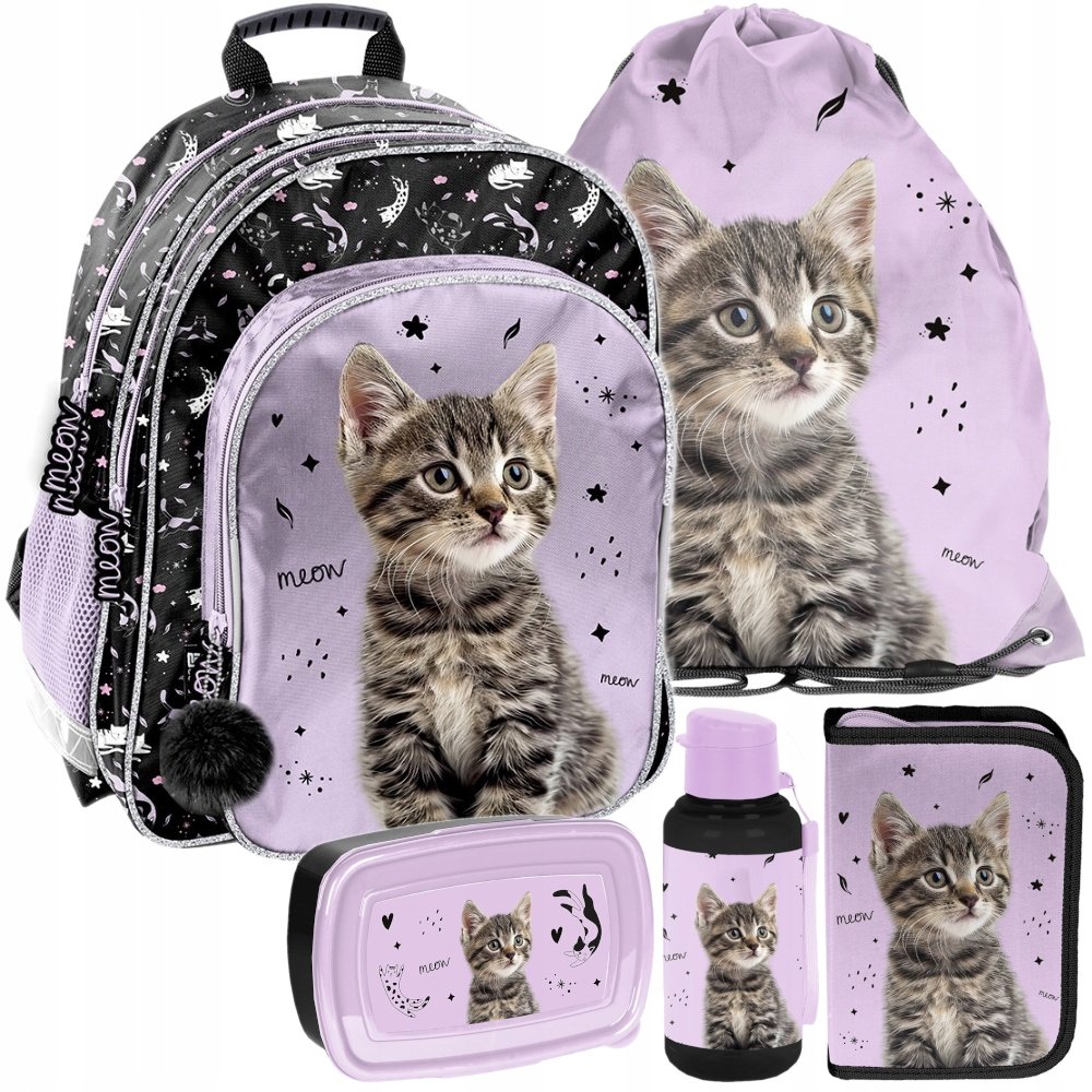 Plecak szkolny dla dziewczynki tornister 1-3 klasa Kot z kotem Zestaw