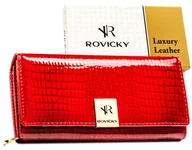 Portfele - Portfel damski skórzany ROVICKY elegancki duży lakierowany czerwony ochrona RFIF STOP - miniaturka - grafika 1