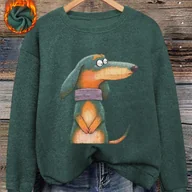 Swetry damskie - TEMU Sweter damski z nadrukiem jamnika – Zielony przytulny sweter z wzorem jamnika, okrągły dekolt, długie rękawy, casualowy sweter na jesień i zimę, - miniaturka - grafika 1