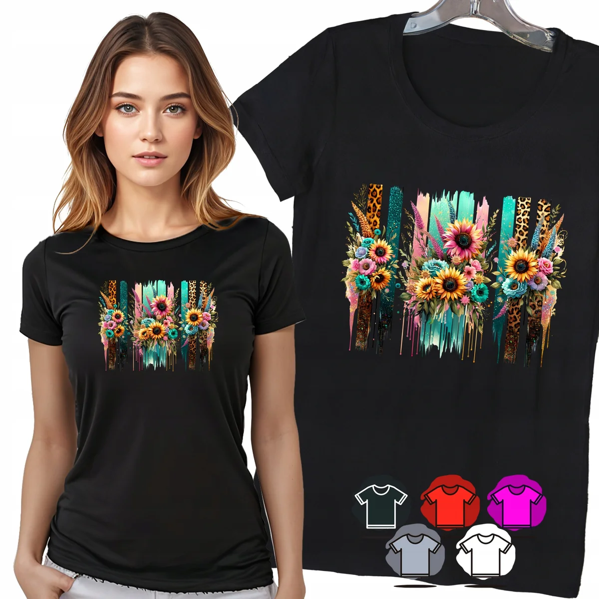KOSZULKA DAMSKA T-SHIRT - SŁONECZNIKI PANTERKA PASKI DAMSKI WZÓR MODNY - XX