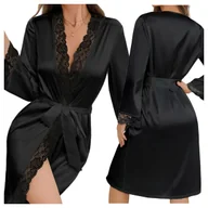 Bielizna nocna - Satynowy szlafrok damski z koronką - L - miniaturka - grafika 1