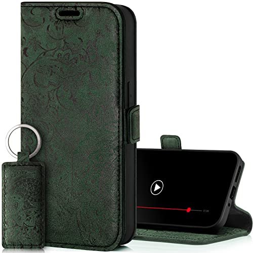 SURAZO Etui na telefon komórkowy Samsung Galaxy M54, cienkie, magnetyczne etui skórzane – składane etui ochronne z prawdziwej skóry [przegródka na karty, ochrona RFID, kwiatowy wzór] etui z klapką,
