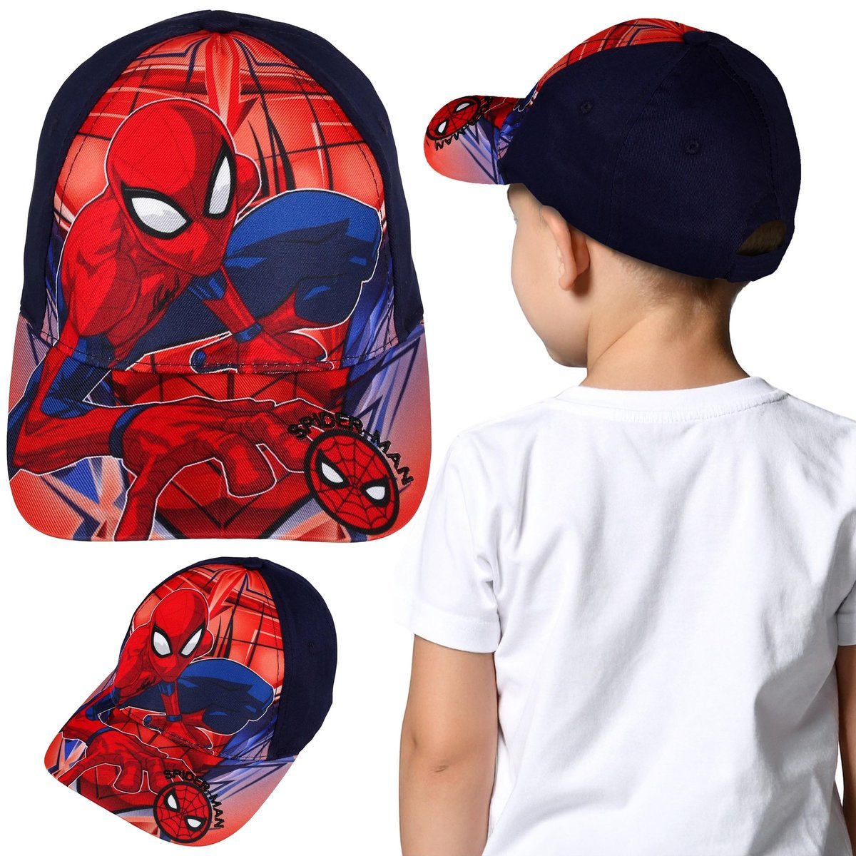 MARVEL Spider Man Granatowa BAWEŁNIANA czapka z daszkiem dla chłopca, regulowana bejsbolówka 52 cm