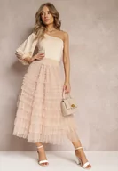 Spódnice - Różowa Spódnica Maxi z Rozkloszowanym Dołem Zdobiona Tiulowymi Falbankami Hadlie - miniaturka - grafika 1