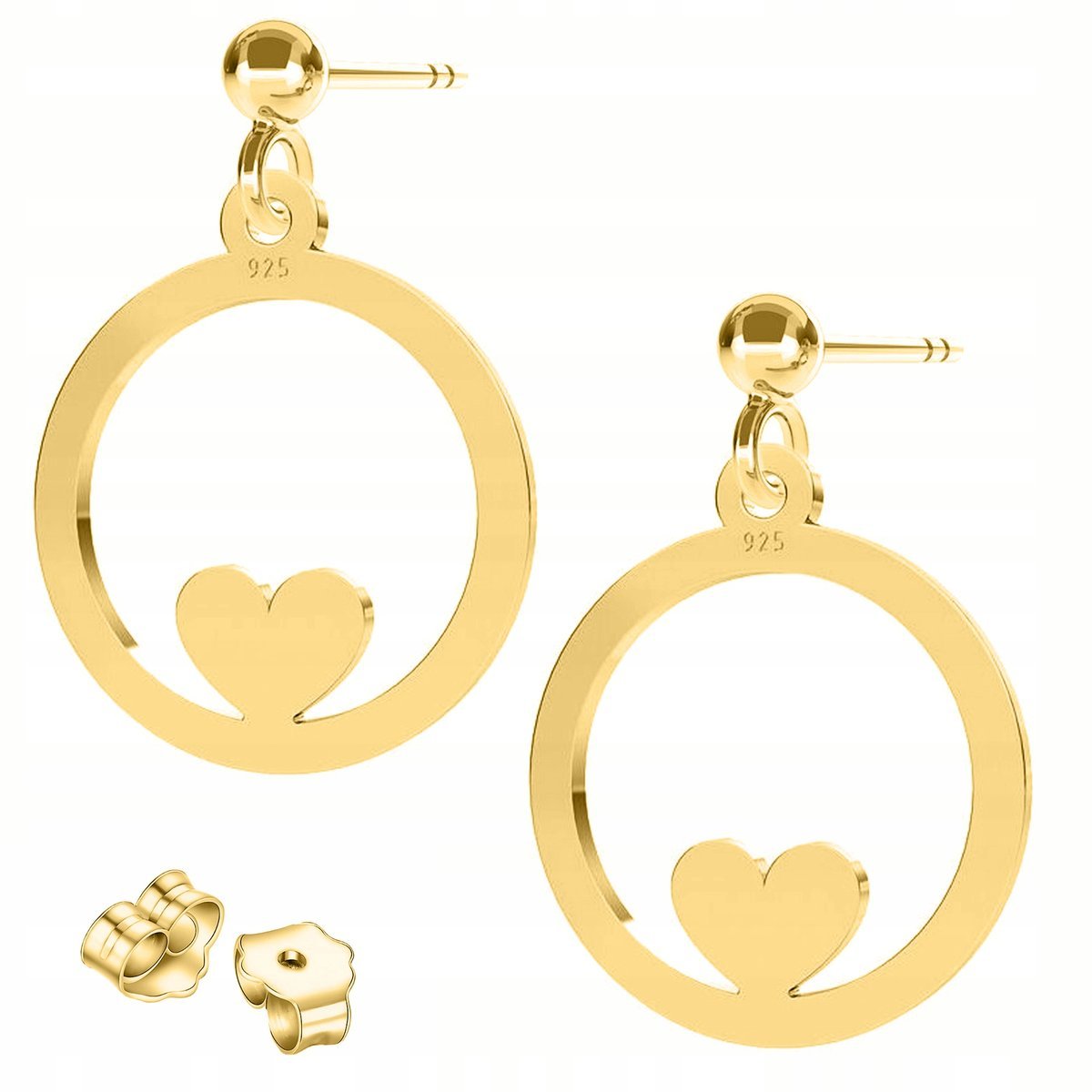 Złote Kolczyki Koło Kółko z Sercem Serca Serduszka Wkrętki SREBRO 925