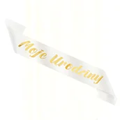 Balony i akcesoria - Szarfa urodzinowa napis Moje Urodziny biało-złota - miniaturka - grafika 1