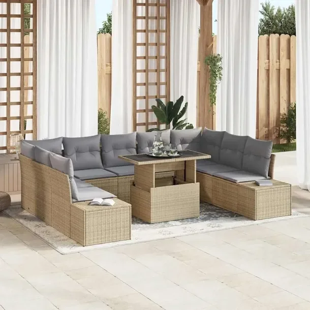 10-częściowy zestaw sof ogrodowych z poduszkami, beżowy, polyrattan