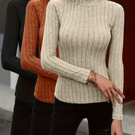 Bluzki damskie - TEMU 3 szt. Eleganckie Damskie Bluzki z Wysokim Dekoltem i Długimi Rękawami - Jednokolorowe, Pranie w Pralce & Czyszczenie Chemiczne, Upraszczająca - miniaturka - grafika 1