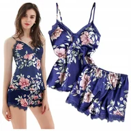 Piżamy damskie - Piżama satynowa spodenki top dwuczęściowa kwiaty - XXL - miniaturka - grafika 1