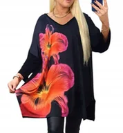 Bluzki damskie - Tunika Wiskoza Kolorowy Kwiat Rękaw 3/4 Luźna Bluzka czarna 50 52 5XL 6XL - miniaturka - grafika 1