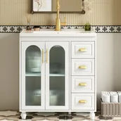 Szafki łazienkowe - Szafka łazienkowa pod umywalkę, szafka dolna z umywalką ceramiczną - 2 drzwi i 4 szuflady - 80 x 47 x 90 cm - MDF - biała - miniaturka - grafika 1