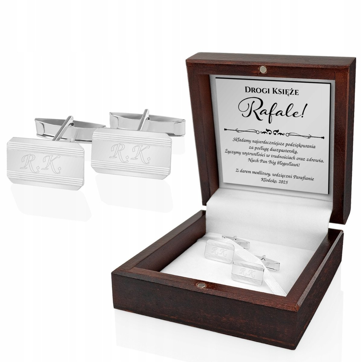 Srebrne Spinki do Mankietów Koszuli 925 z Grawerem na Pożegnanie Księdza