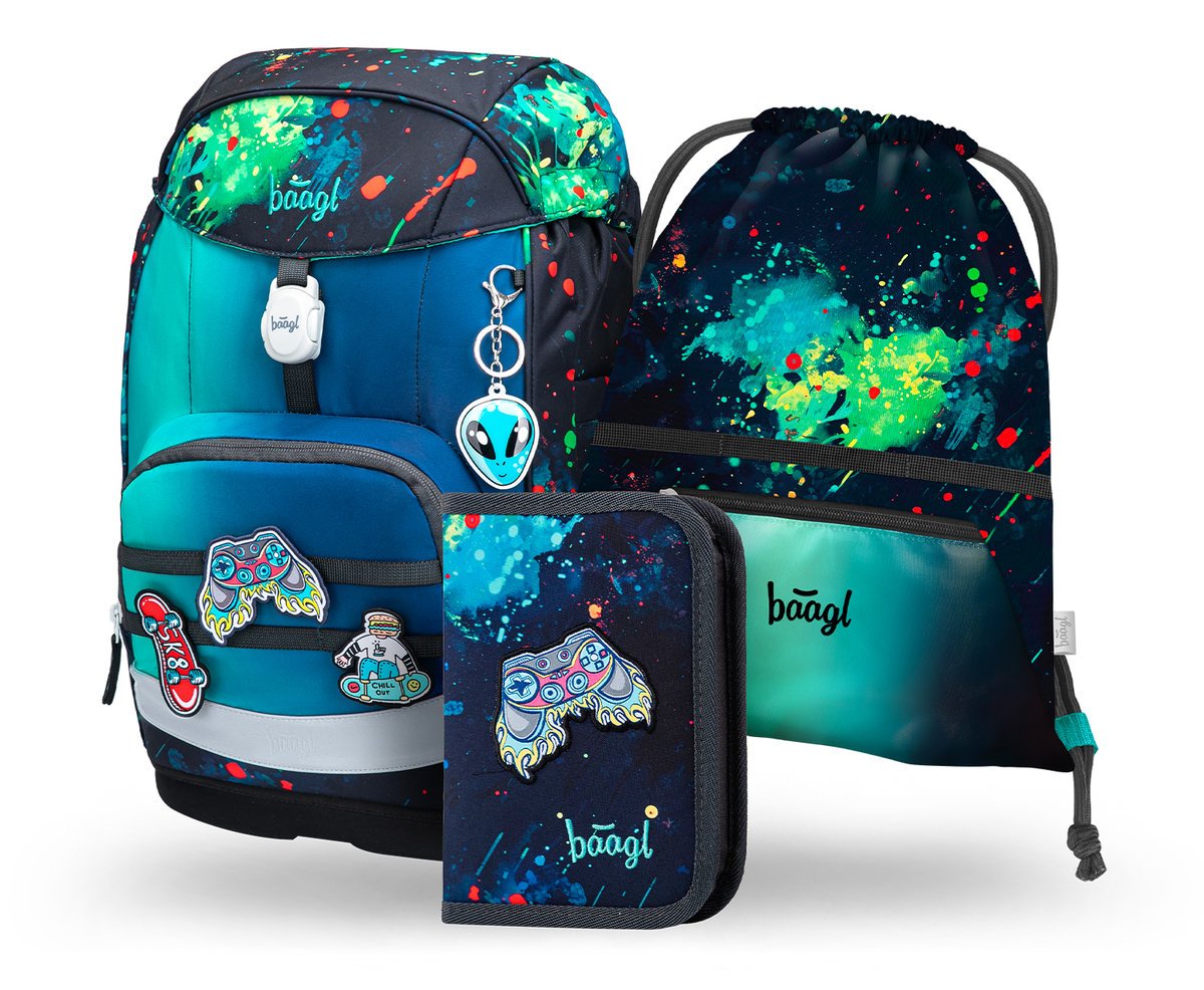 BAAGL Zestaw Szkolny 3w1 Plecak Ergonomiczny Airy Plus Chill Niebieski 25L GROW + Piórnik + Worek