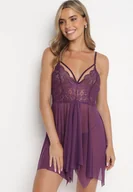 Bielizna nocna - Fioletowa Koronkowa Koszula Nocna z Trójkątnym Dekoltem z Paseczkami oraz Stringami Anjika - miniaturka - grafika 1