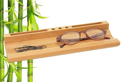 WEDO 0611807 bambusowy organizer stołowy z uchwytem na smartfon, 3 uchwyty na długopisy, duża półka, 28 x 9 x 3,8 cm, brązowy