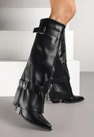 Kozaki damskie - Czarne Kozaki na Stożku z Cholewką Imitującą Nogawkę z Klamrami i Suwakiem Erseria - miniaturka - grafika 1