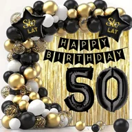 Balony i akcesoria - ZESTAW BALONY 50 URODZINY ZŁOTE CZARNE BIAŁE BANER ŚCIANKA PIĘĆDZIESIĄTKA - miniaturka - grafika 1