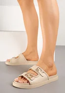 Klapki i japonki damskie - Beżowe Klapki z Geometryczną Metaliczną Ozdobą Helriz - miniaturka - grafika 1